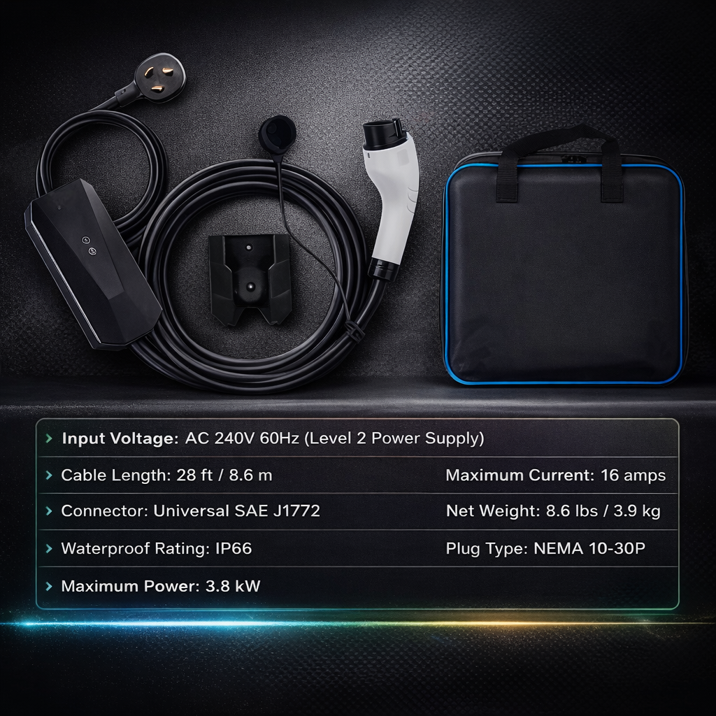 Portable EV Charger (16A, 120V/240V, 28FT Cable) – Fast Home Charging