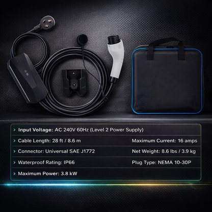 Portable EV Charger (16A, 120V/240V, 28FT Cable) – Fast Home Charging