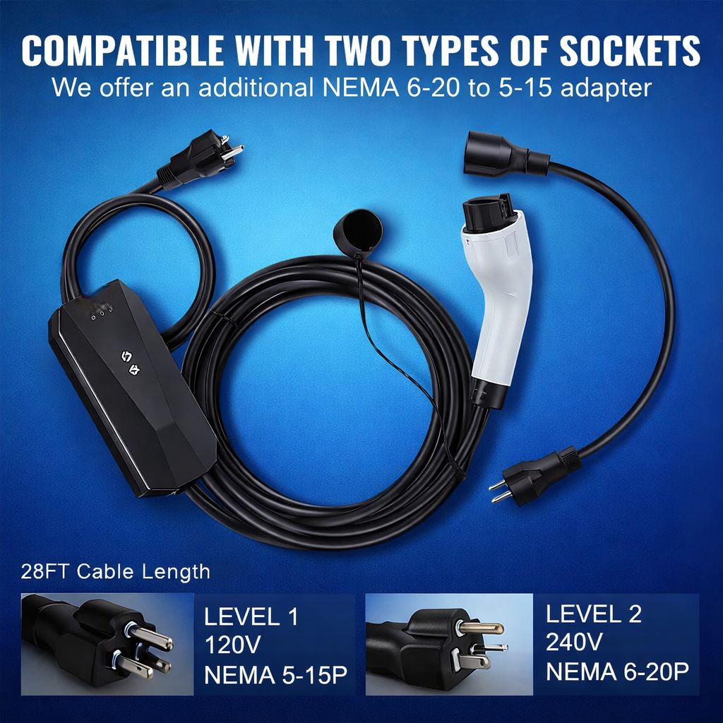 Portable EV Charger (16A, 120V/240V, 28FT Cable) – Fast Home Charging