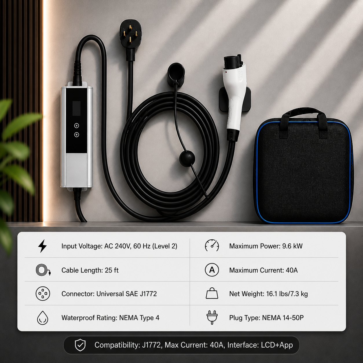 Level 2 Portable EV Charger (40A 240V, 25 Ft Charging Cable NEMA 14-50P Plug) – Fast Home Charging