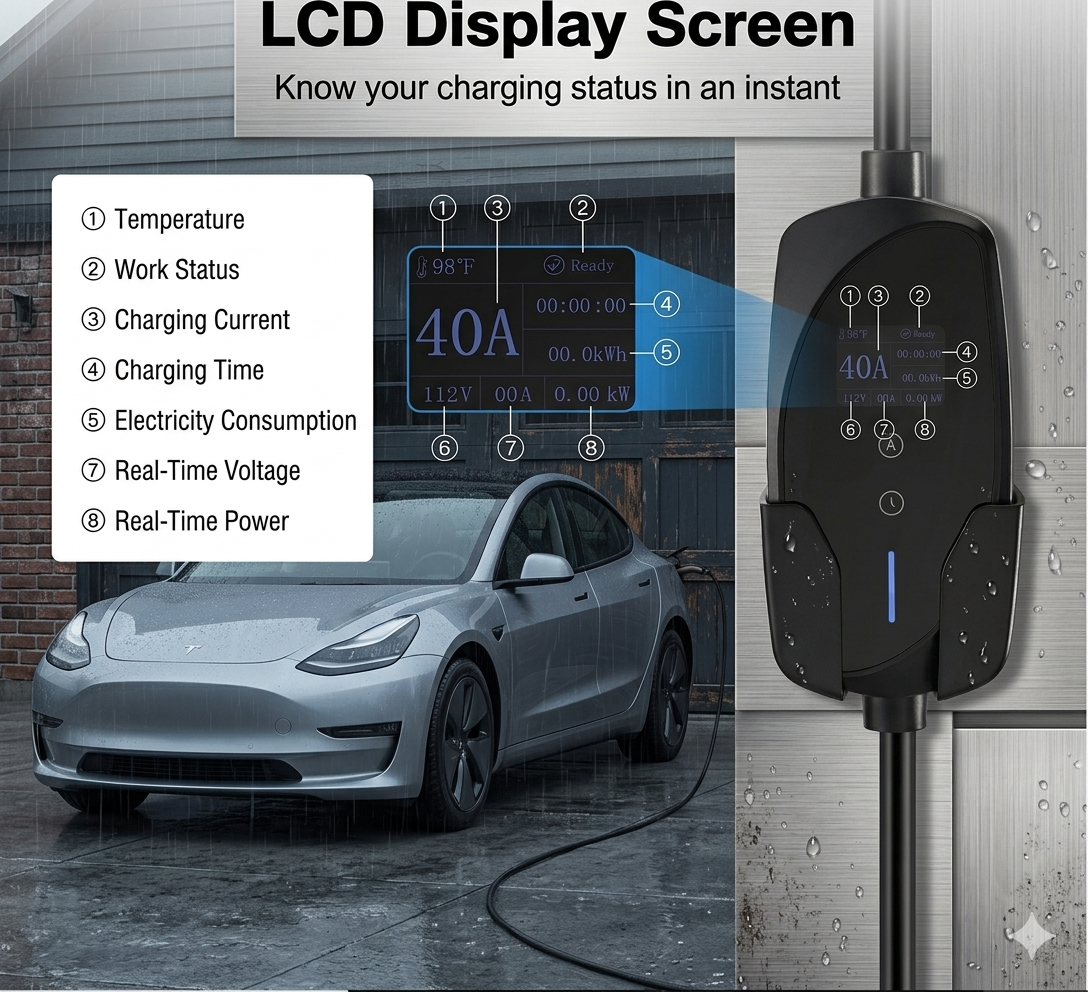 Portable Level 2 EV Charger (40A, 240V, NEMA 14-50P, 25 Ft Cable) - Fast home charging