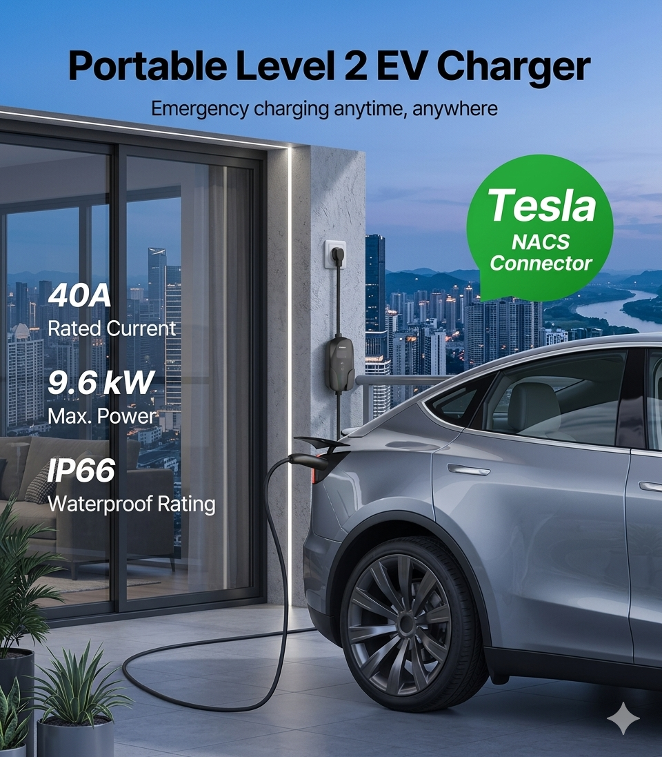 Portable Level 2 EV Charger (40A, 240V, NEMA 14-50P, 25 Ft Cable) - Fast home charging