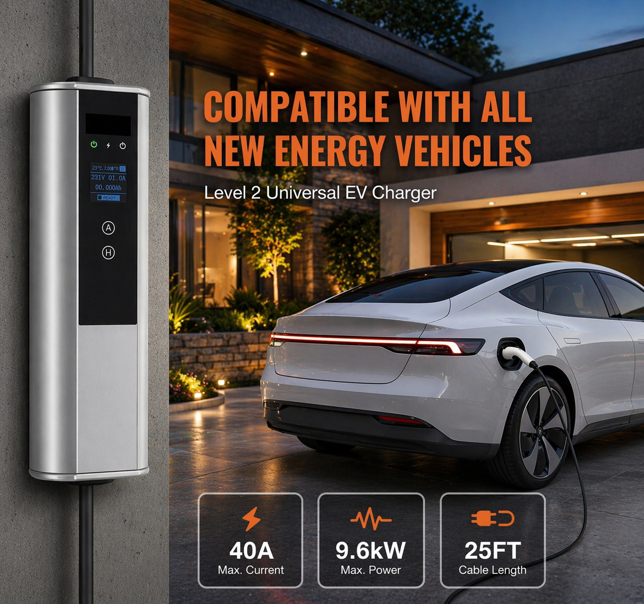 Portable Level 2 EV Charger (40A, 240V, NEMA 14-50P, 25 Ft Cable) - Fast home charging