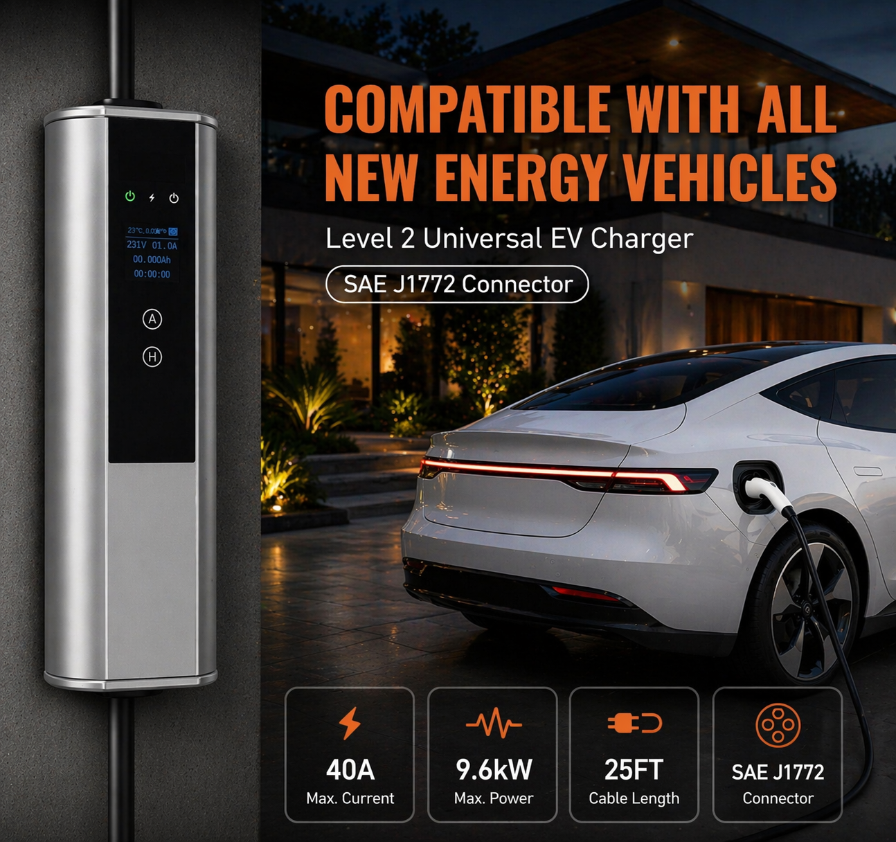 Level 2 Portable EV Charger (40A 240V, 25 Ft Charging Cable NEMA 14-50P Plug) – Fast Home Charging